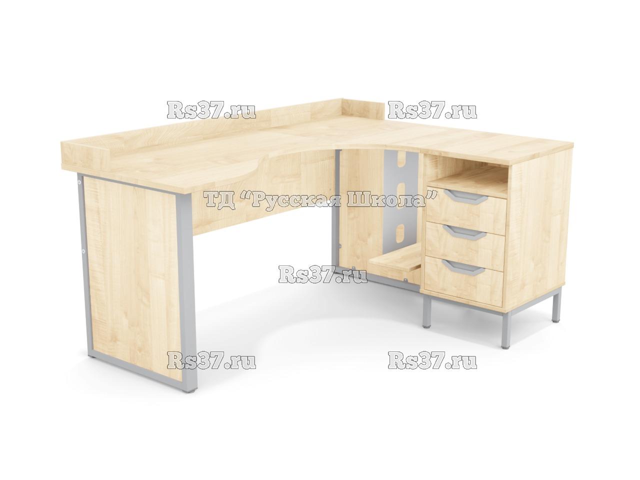 Стол угловой ЛОФТ с бортом с подвесом для системного блока на мк., в комплекте с приставной тумбой, с 2 боковыми экранами из ЛДСП (мк. Серый, ст. Клён)