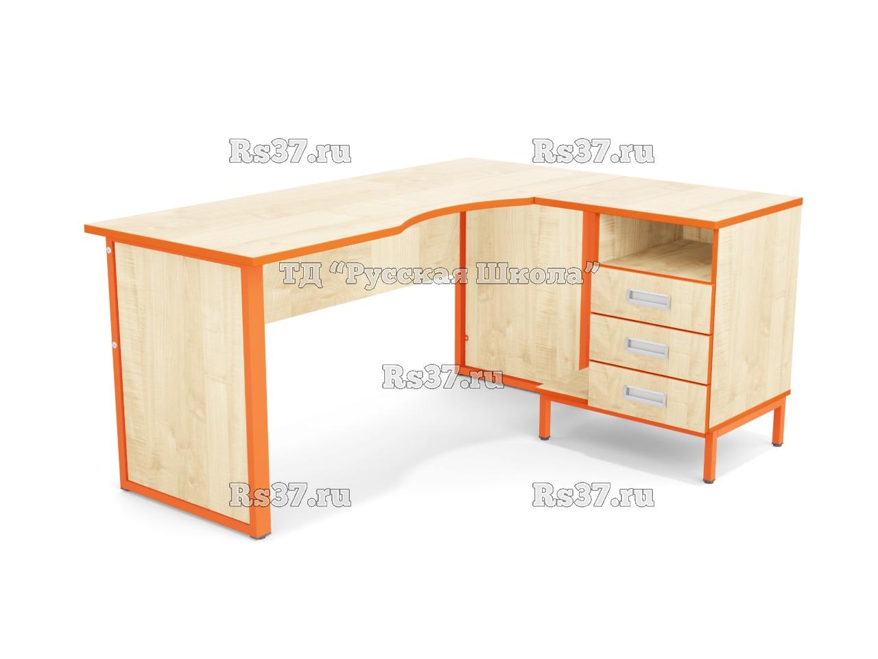 Стол угловой ЛОФТ в комплекте с приставной тумбой с интегрированной подставкой для системного блока, с 2 боковыми экранами из ЛДСП (мк. Оранжевый, ст. Клён), ручки врезные алюминиевые